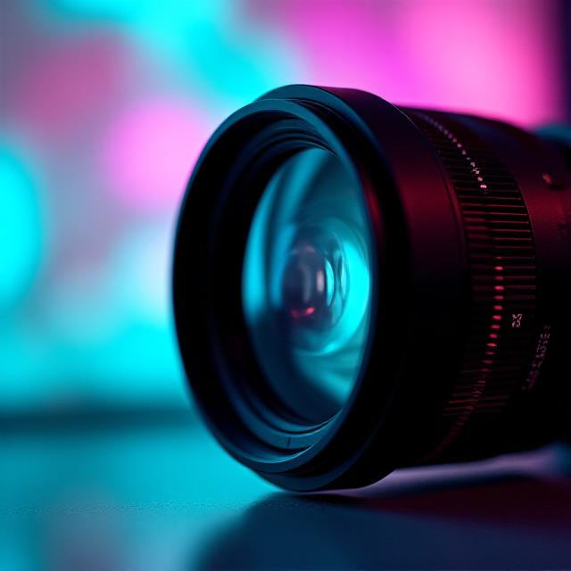 Close up of a professional digital SLR camera lens with colorful reflections