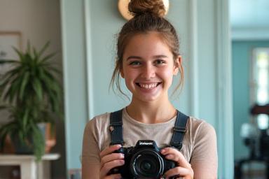 Beginner photographer learning to use a camera