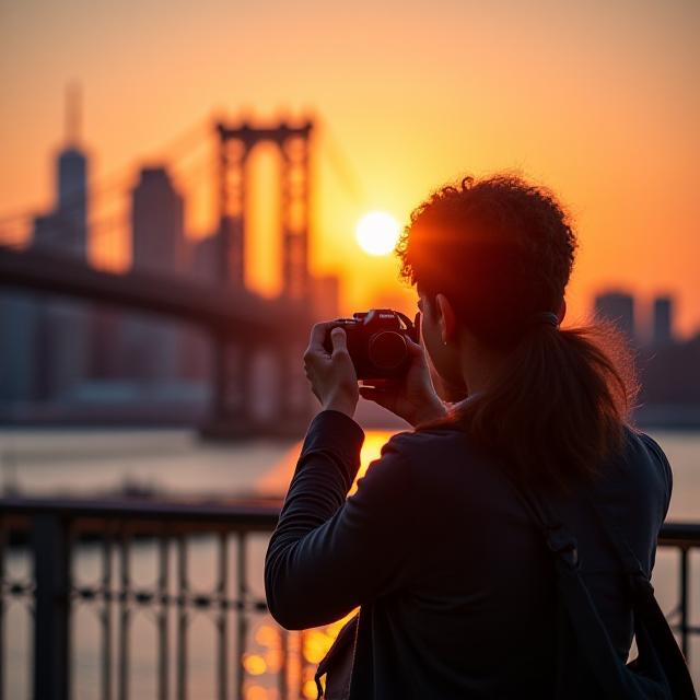 Photography student capturing Brooklyn bridge at sunset