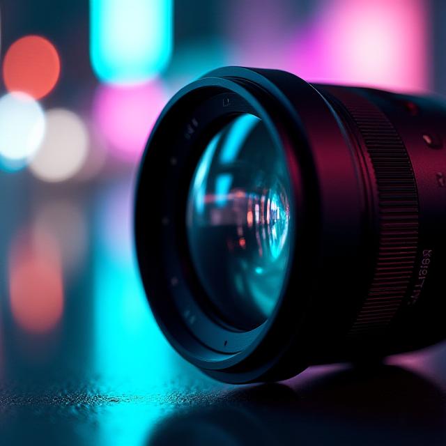 Close up of a professional digital camera lens with artistic New York city bokeh background