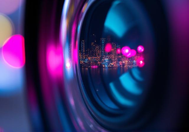 Close-up of a high-end digital camera lens with artistic lighting