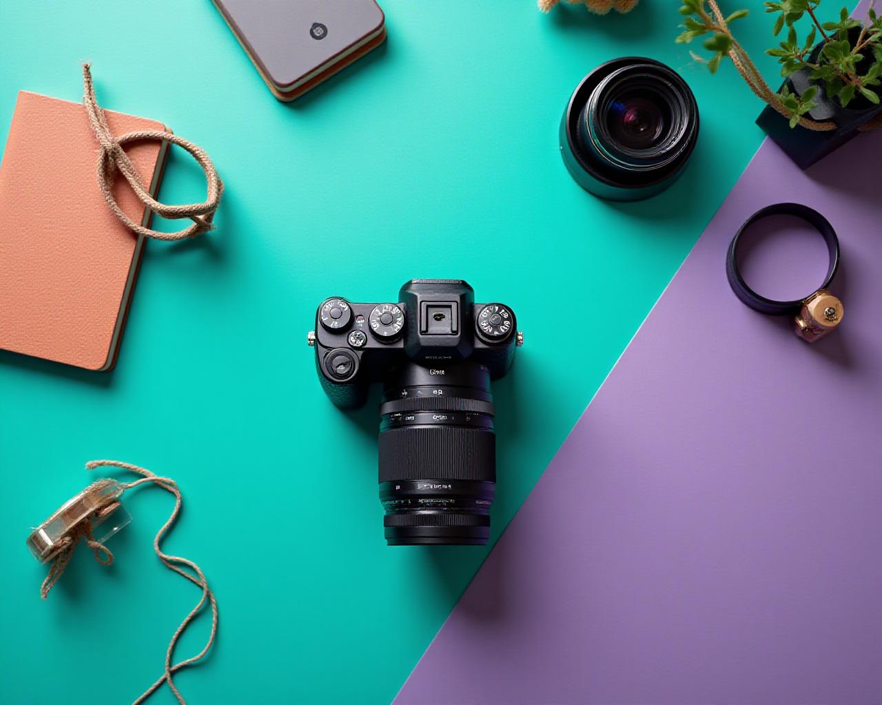 A curated flat lay of modern photography gear including a mirrorless camera and lens on a colorful desk